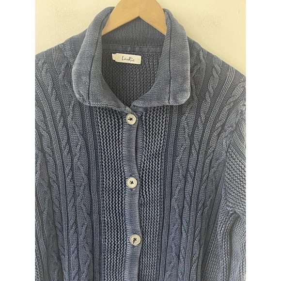 LauRie DK Size 40 Womens Blue Chunky Cable Knit Cotton Cardigan Blue Sweater - Picture 2 of 10